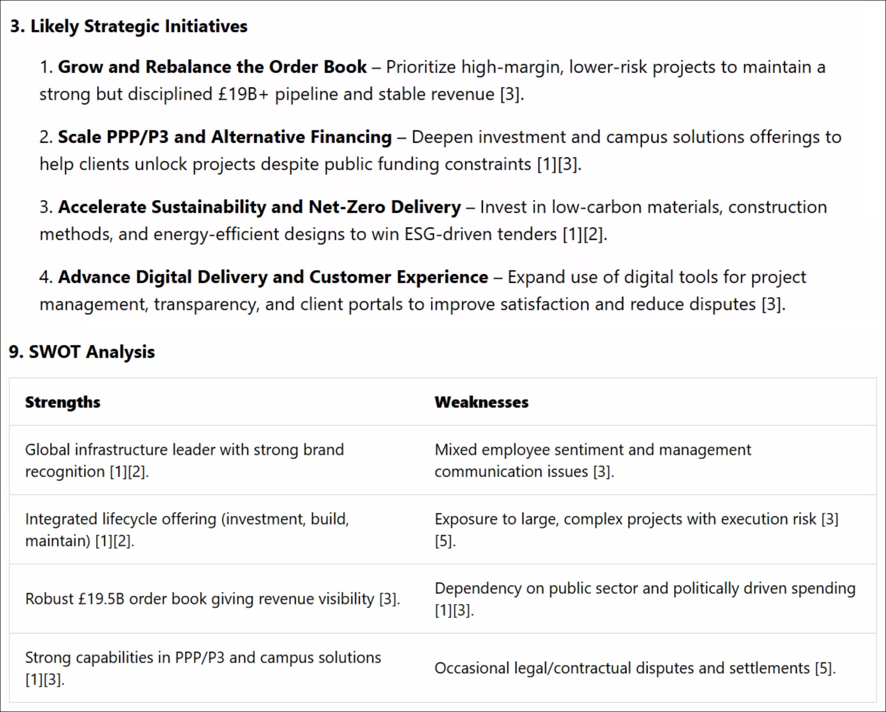 Company Analysis results with strategic initiatives, SWOT, and how-to-approach guidance