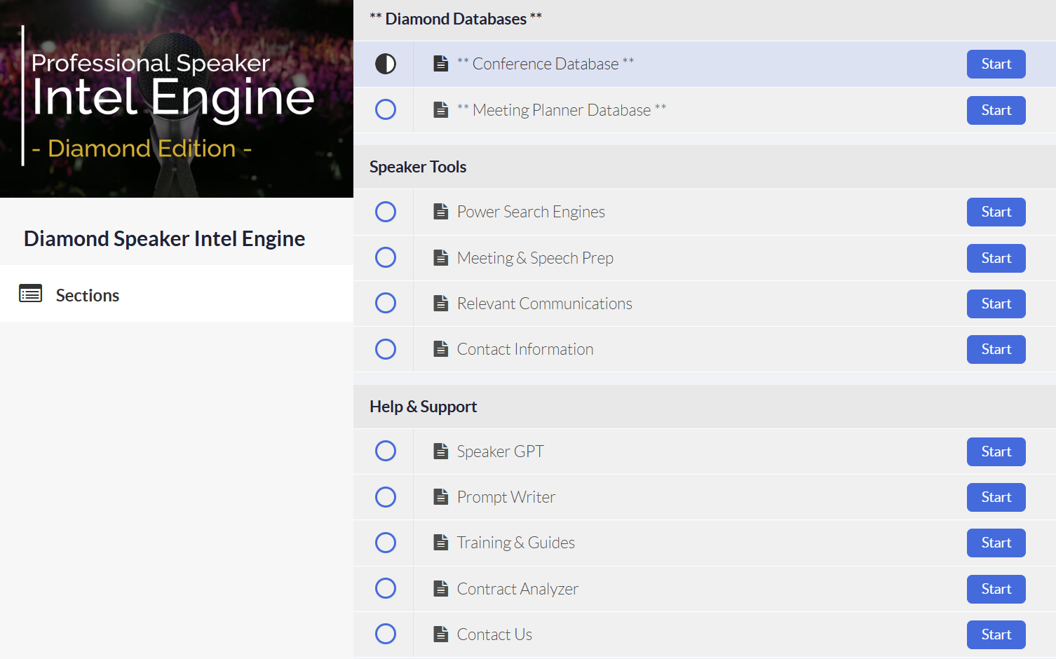 The Diamond Intel Engine dashboard showing Grow Your Business, Prep for Meetings, Other Helpful Tools, and Ask Me a Question modules