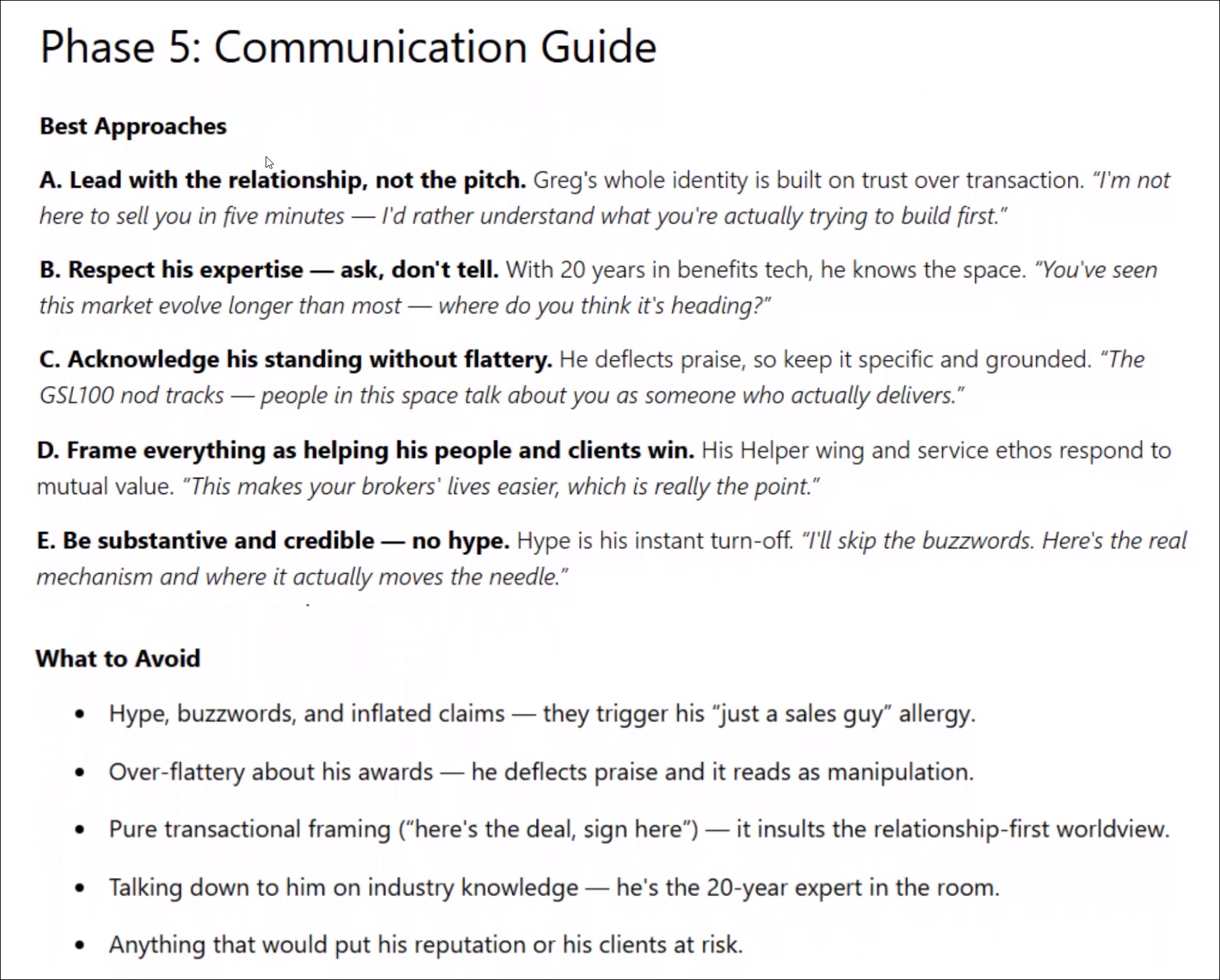 Personal Analysis profile showing communication style, personality profile, and decision-making patterns